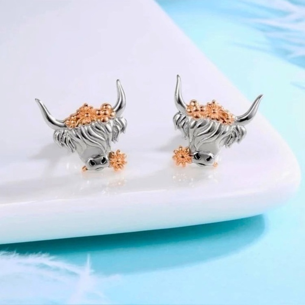 Southwest Western Floral Cow Head Earrings